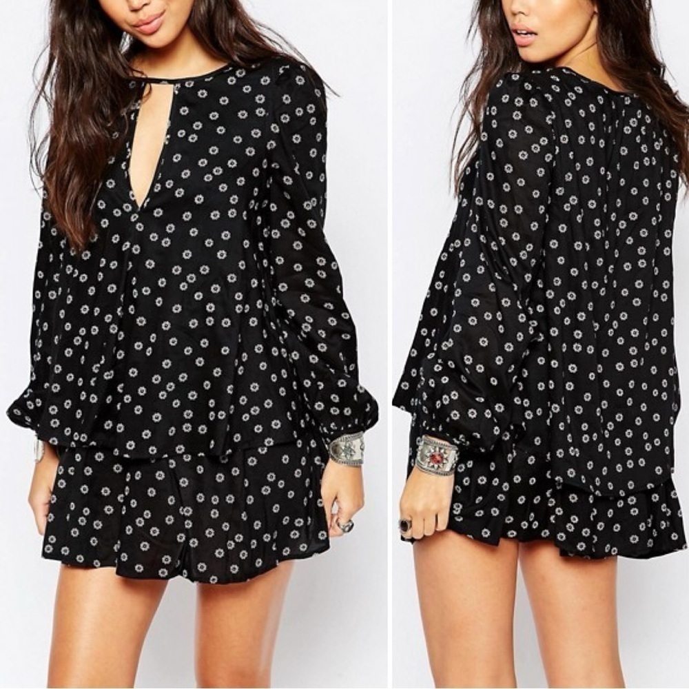 Free People Black Beck Print Keyhole Long Sleeves Tunic Mini Dress, Size XS